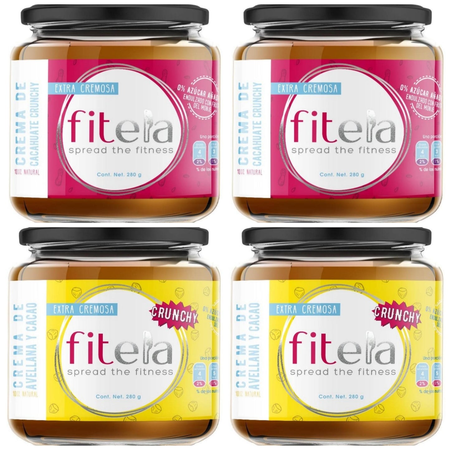 4 TARROS : CACAHUATE CRUNCHY Y AVELLANA CRUNCHY CON CACAO